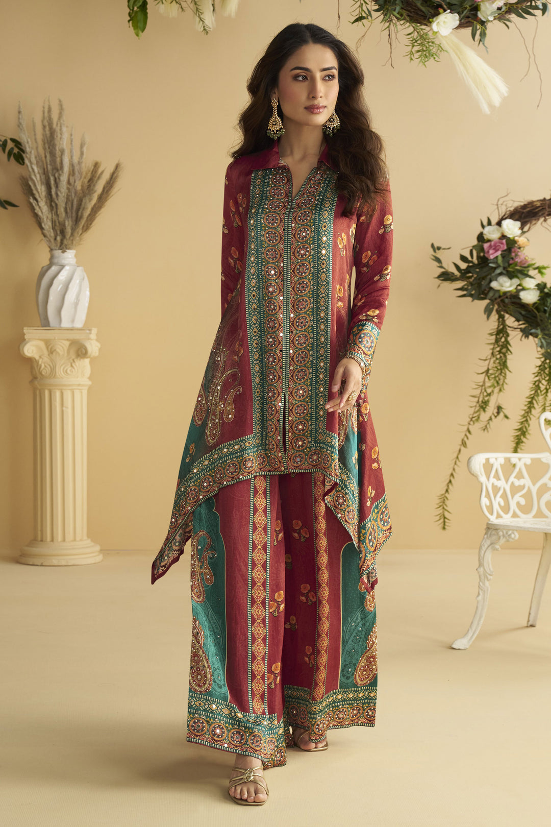 Tempting Crepe Fabric Maroon Color Readymade Co-ord Set