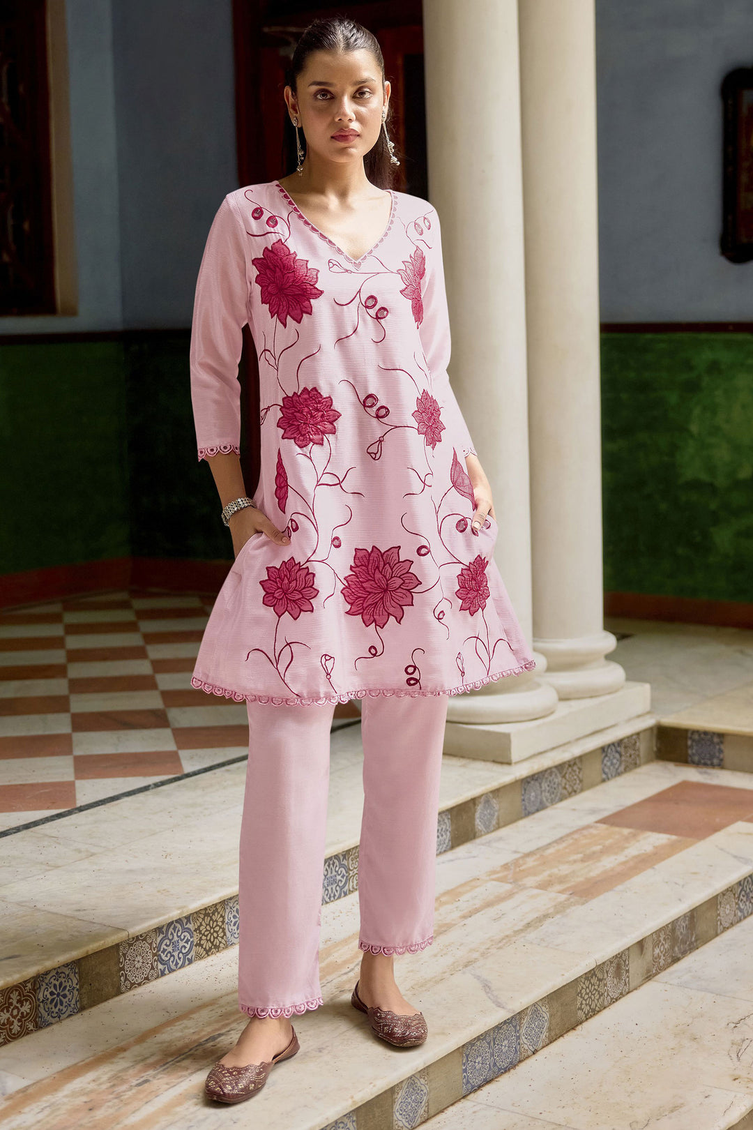 Awesome Chinon Fabric Pink Color Readymade Co-Ord Set | Buy Online India