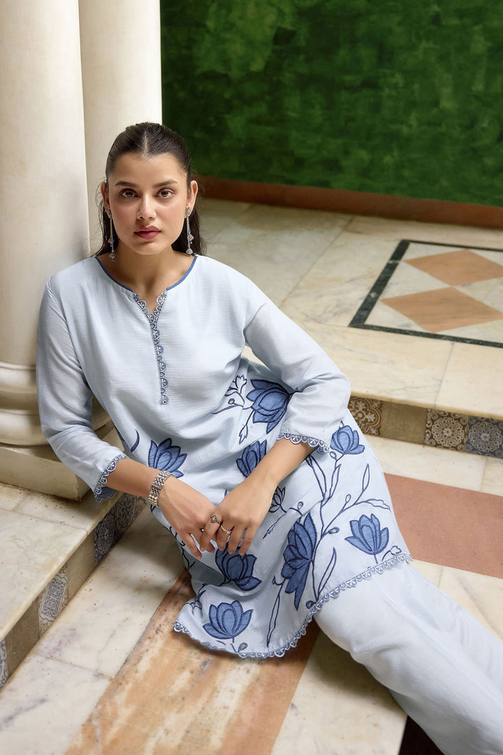 Tempting Chinon Fabric Sky Blue Color Readymade Co-Ord Set | Buy Online India