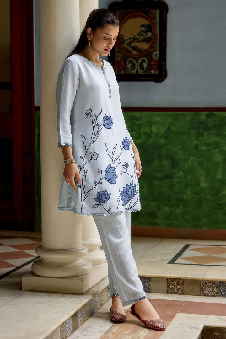 Tempting Chinon Fabric Sky Blue Color Readymade Co-Ord Set | Buy Online India