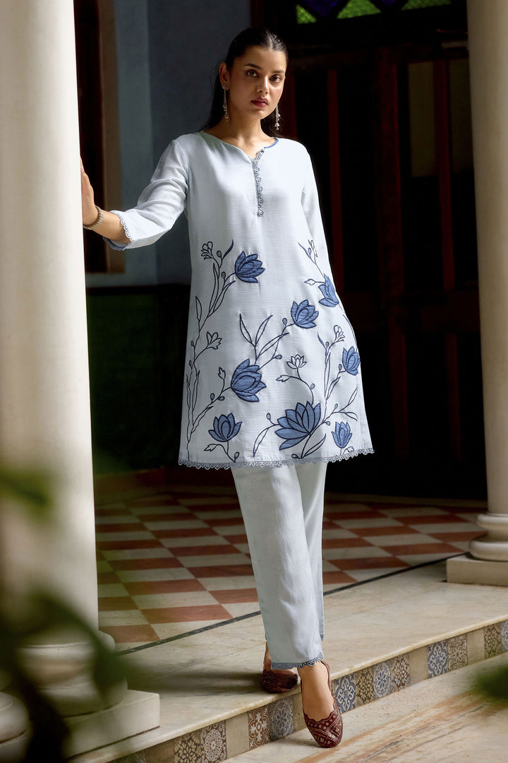 Tempting Chinon Fabric Sky Blue Color Readymade Co-Ord Set | Buy Online India