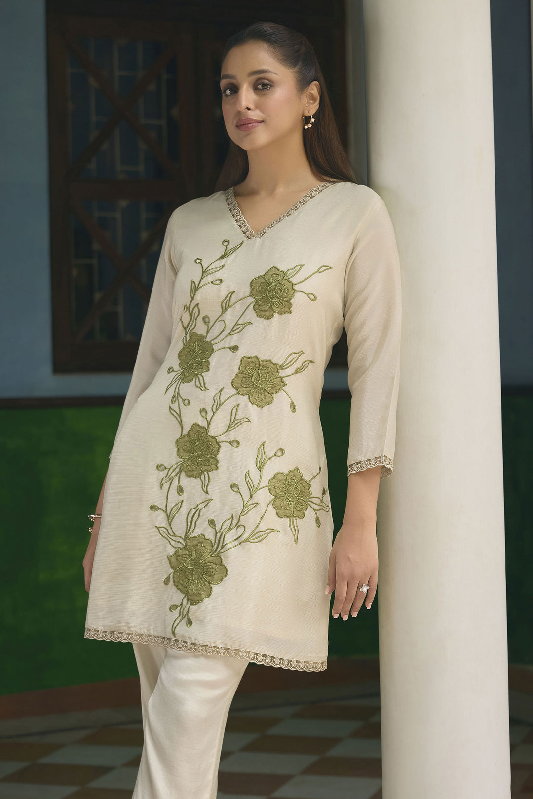 Sea Green Color Gorgeous Chinon Fabric Readymade Co-Ord Set | Buy Online India