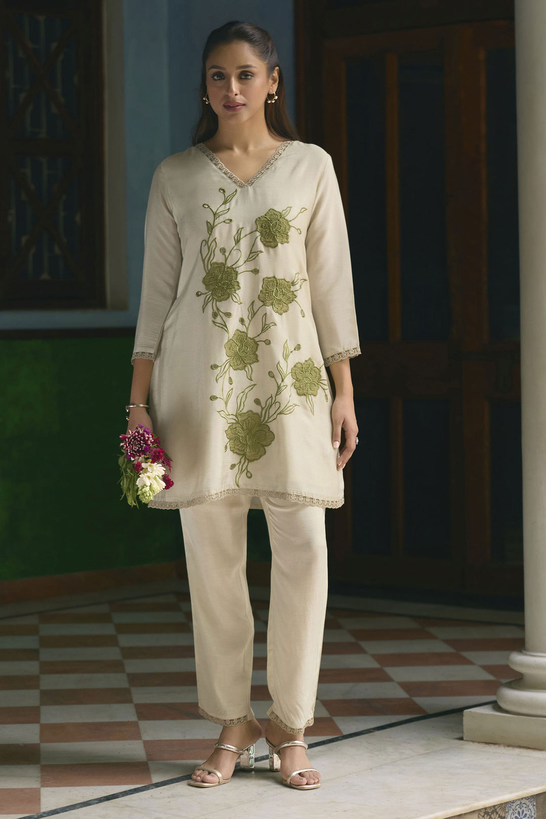 Sea Green Color Gorgeous Chinon Fabric Readymade Co-Ord Set | Buy Online India