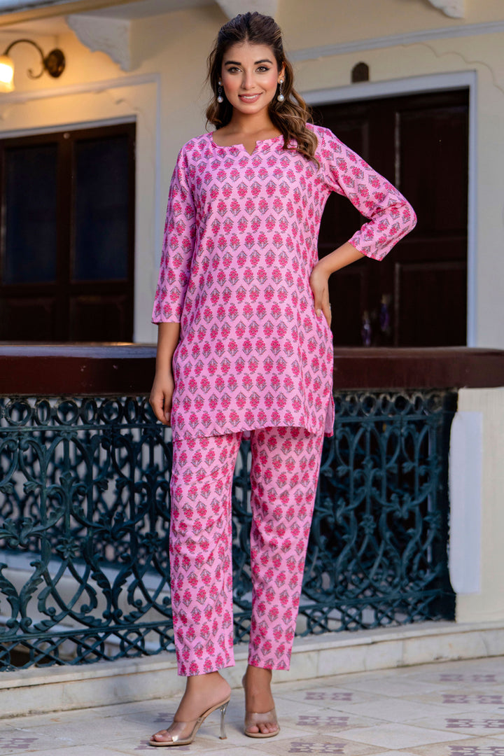 Captivating Cotton Fabric Readymade Co-ord Set In Pink Color | Buy Online India