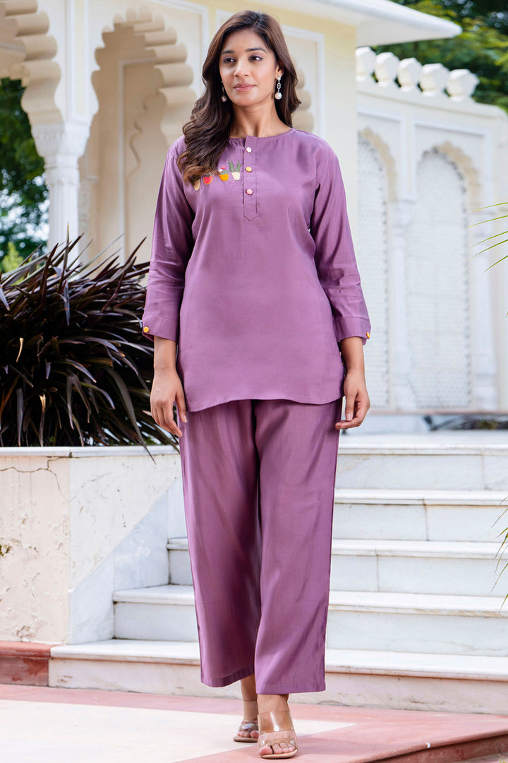 Appealing Art Silk Fabric Readymade Co-ord Set In Lavender Color | Buy Online India