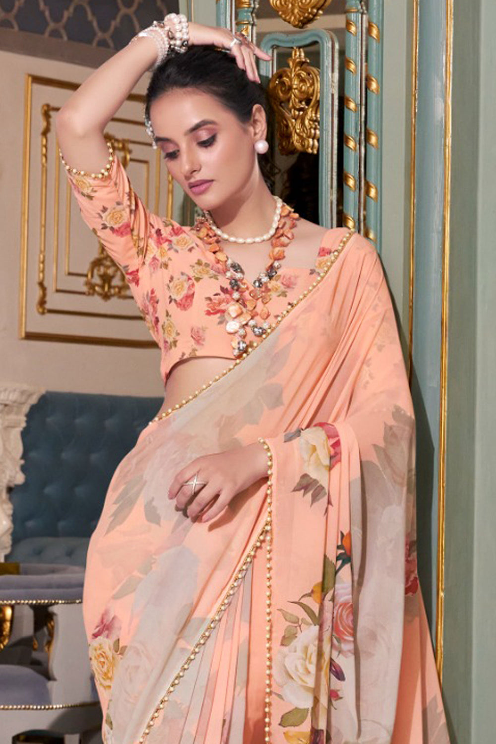 Peach Color Georgette Fabric Engaging Floral Printed Saree | Buy Online India