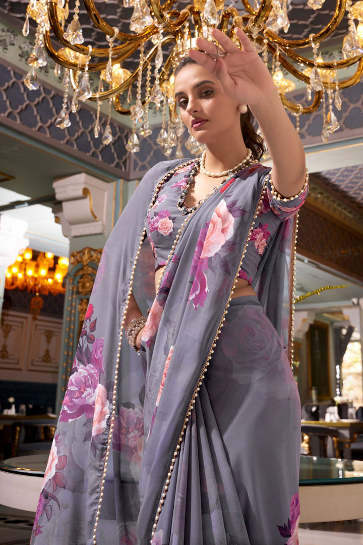 Grey Color Sober Floral Printed Saree In Georgette Fabric