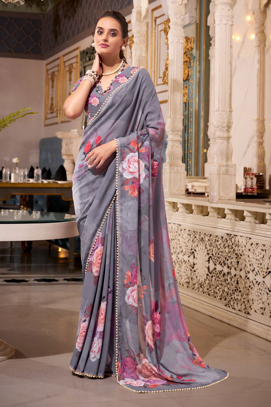 Grey Color Sober Floral Printed Saree In Georgette Fabric