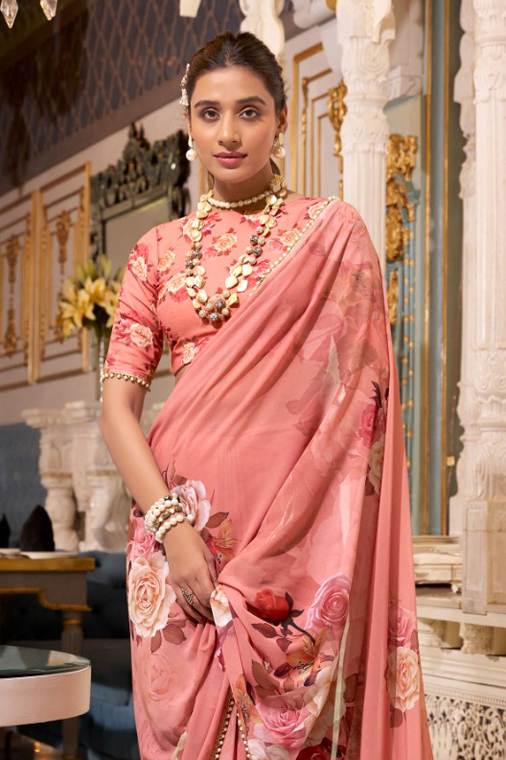 Creative Orange Color Georgette Fabric Floral Printed Saree | Buy Online India