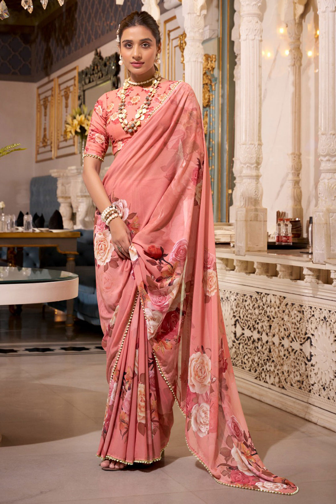 Creative Orange Color Georgette Fabric Floral Printed Saree | Buy Online India