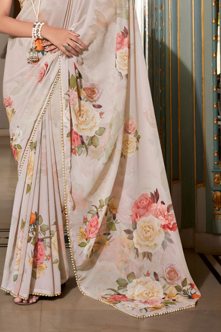 Excellent Georgette Fabric Off White Color Floral Printed Saree