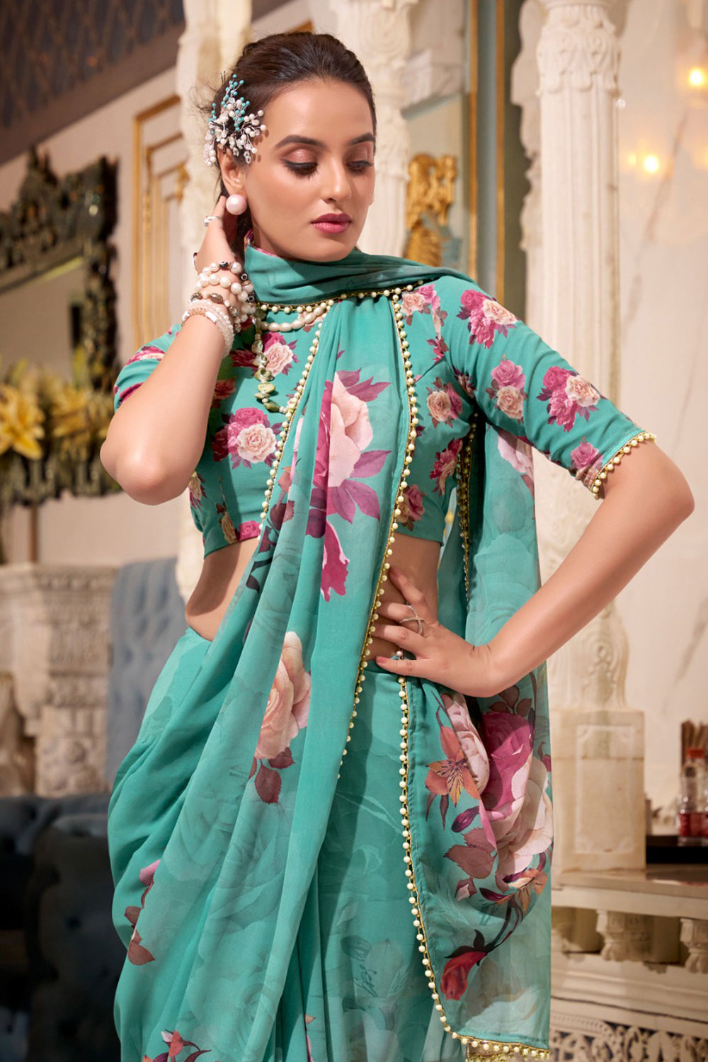 Green Color Georgette Fabric Stunning Floral Printed Saree | Buy Online India