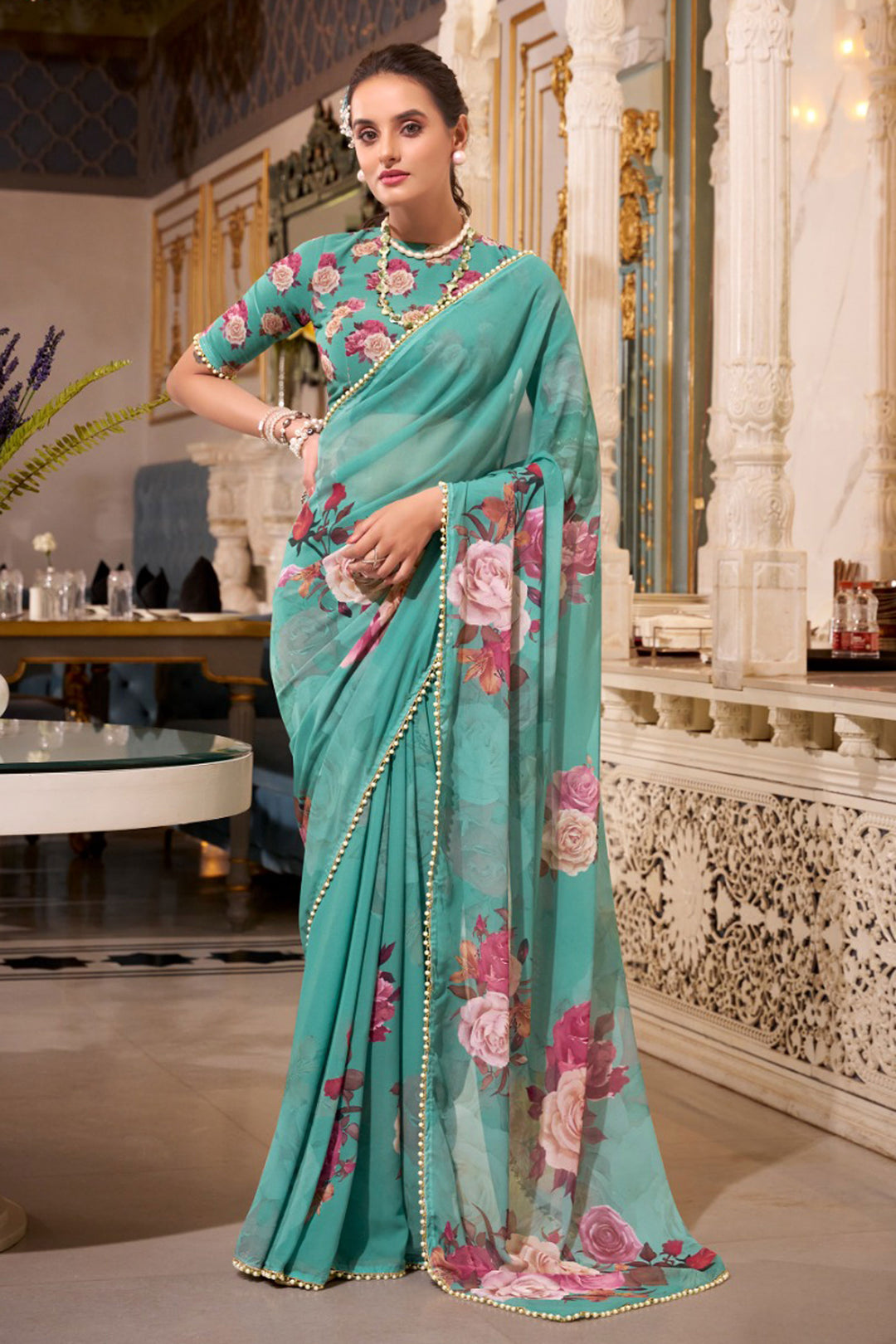 Green Color Georgette Fabric Stunning Floral Printed Saree | Buy Online India