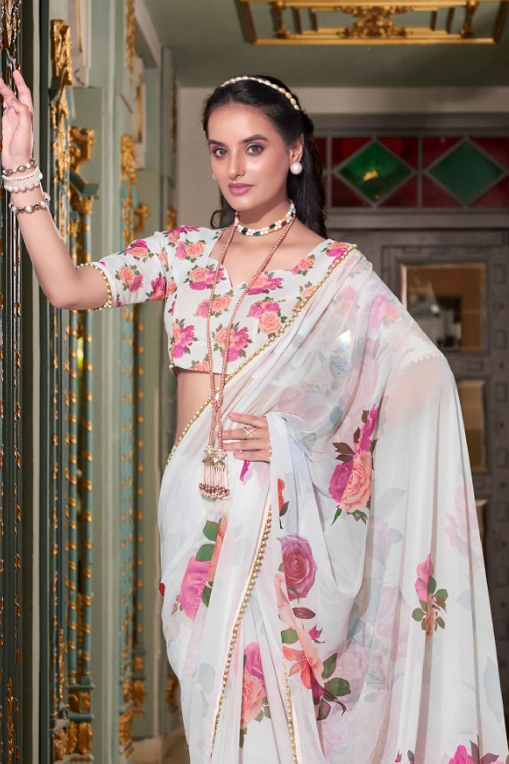 Beguiling White Color Georgette Fabric Floral Printed Saree | Buy Online India