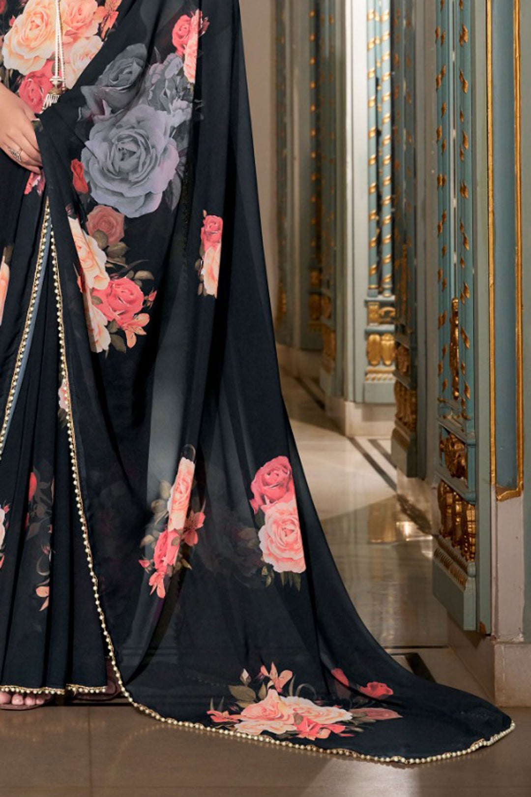 Incredible Georgette Fabric Black Color Floral Printed Saree