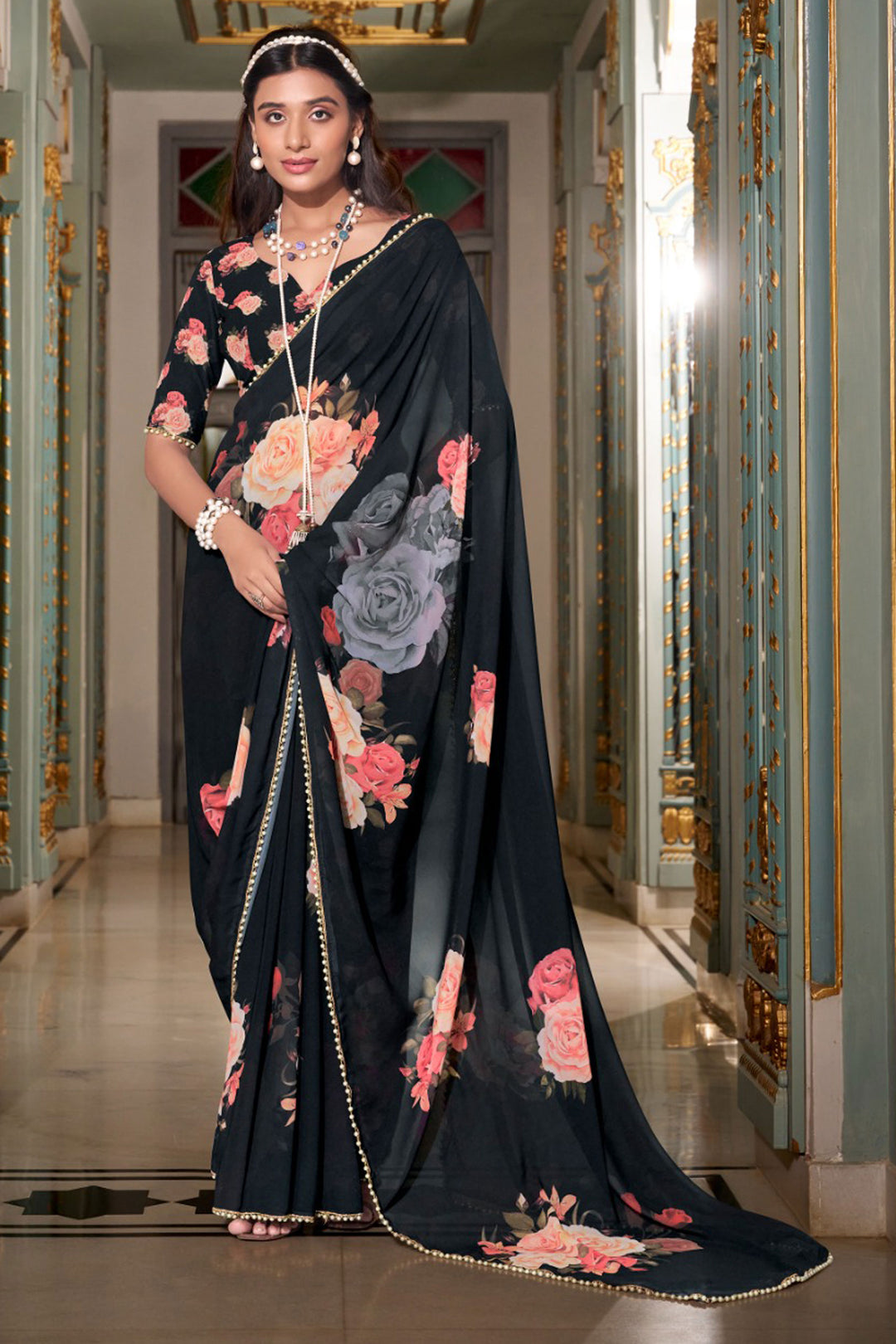 Incredible Georgette Fabric Black Color Floral Printed Saree