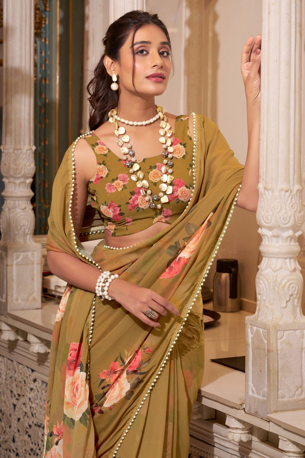 Tempting Georgette Fabric Brown Color Floral Printed Saree | Buy Online India
