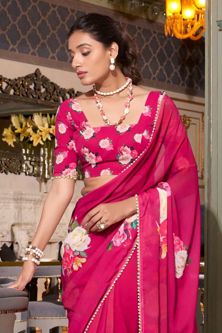 Amazing Rani Color Georgette Fabric Floral Printed Saree