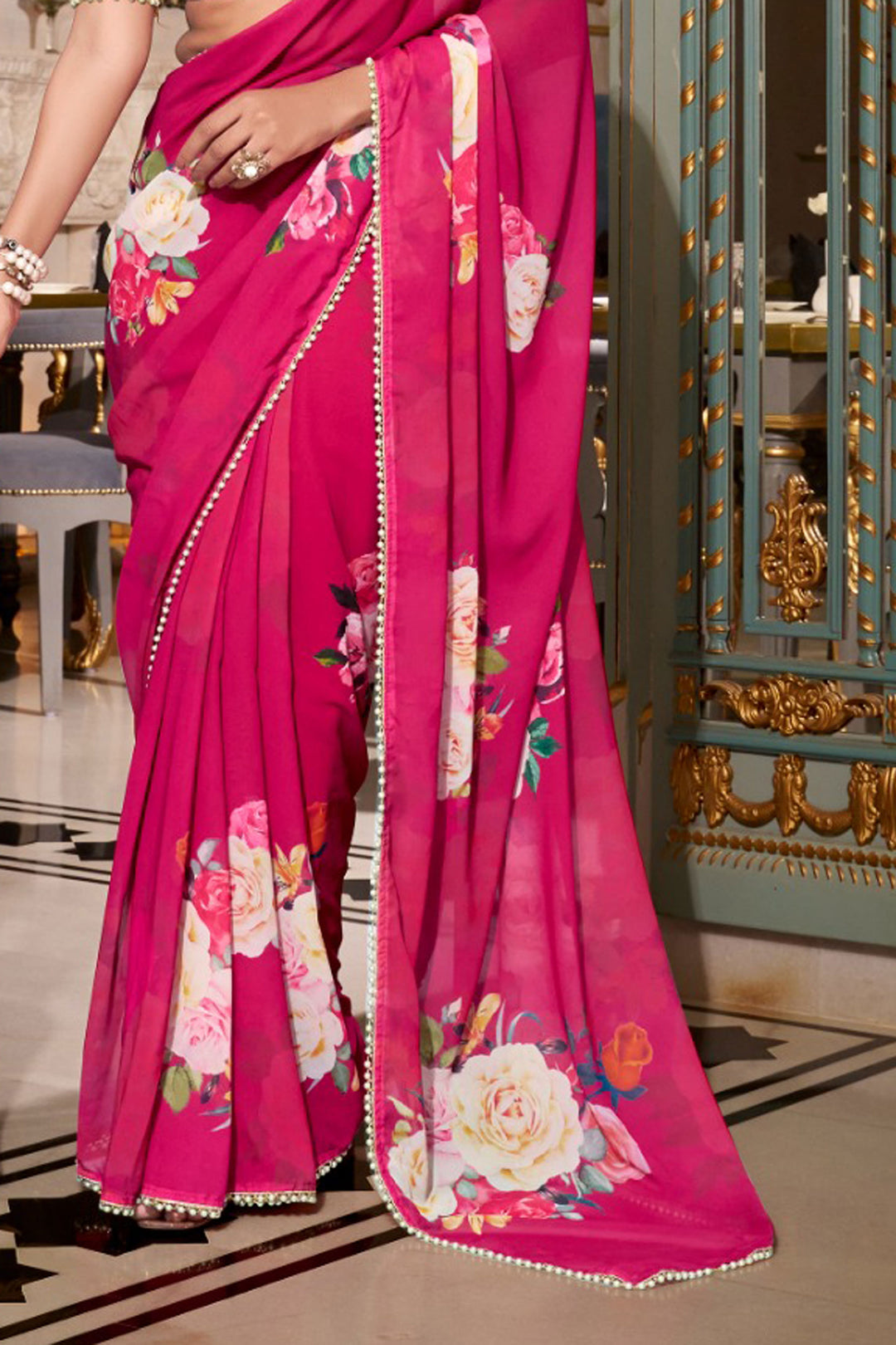 Amazing Rani Color Georgette Fabric Floral Printed Saree