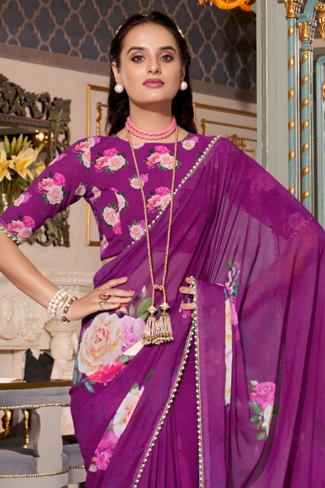 Trendy Georgette Fabric Purple Color Floral Printed Saree