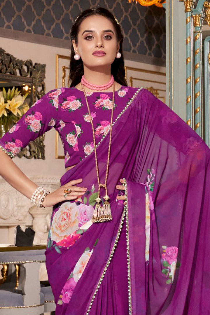Trendy Georgette Fabric Purple Color Floral Printed Saree