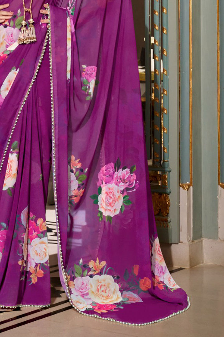 Trendy Georgette Fabric Purple Color Floral Printed Saree