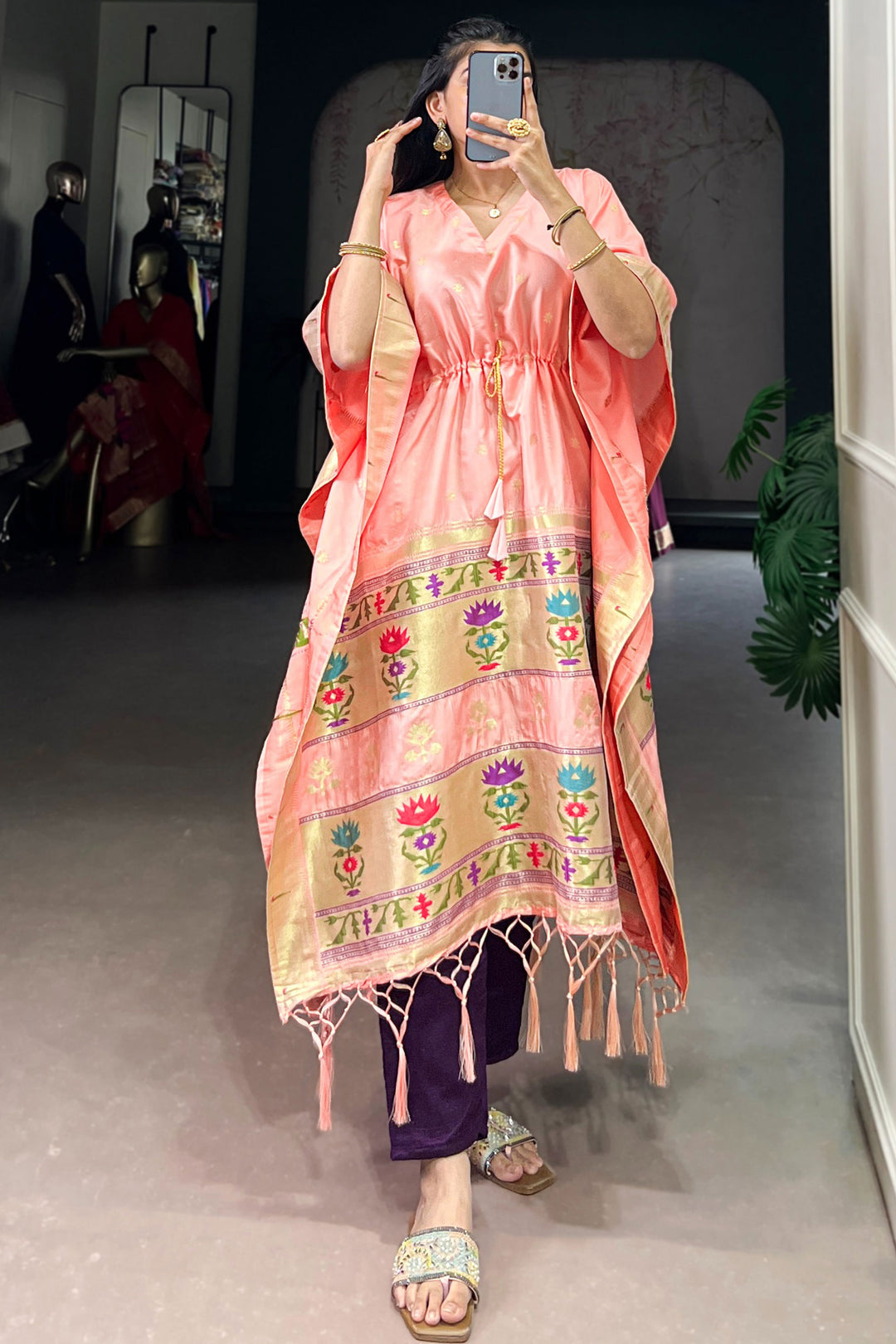 Beguiling Peach Color Art Silk Fabric Readymade Kaftan | Buy Online India