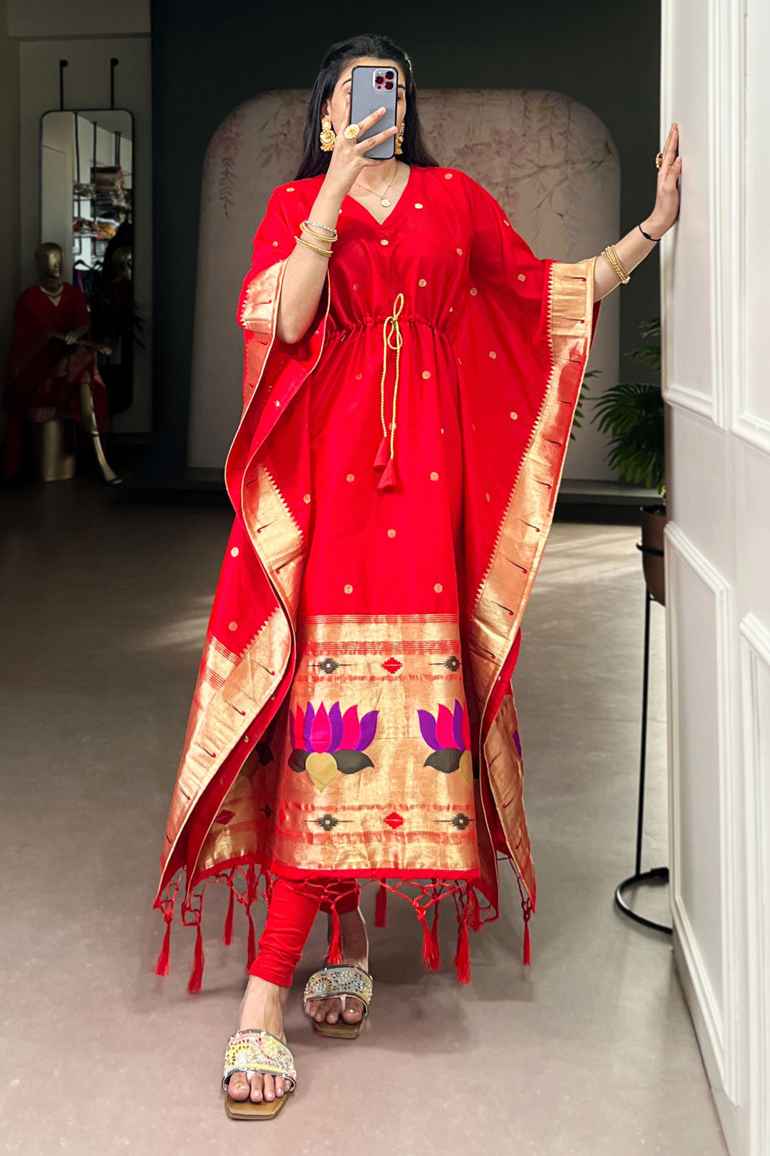 Soothing Red Color Art Silk Fabric Readymade Kaftan | Buy Online India