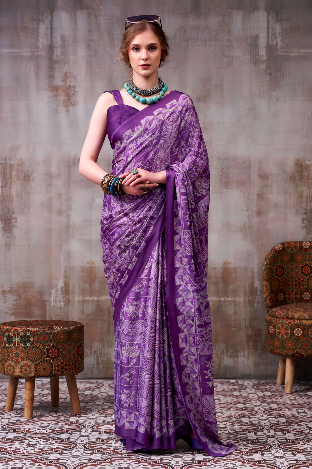 Purple Color Printed Work On Satin Silk Fabric Beatific Saree | Buy Online India