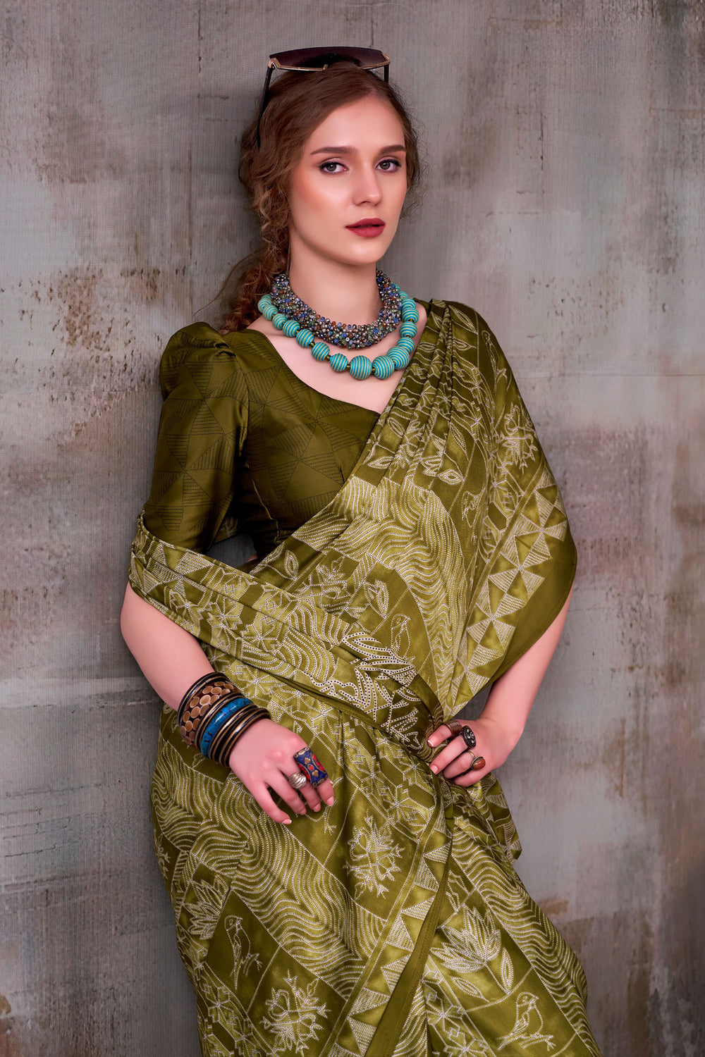 Trendy Printed Work On Mehendi Green Color Satin Silk Fabric Saree | Buy Online India