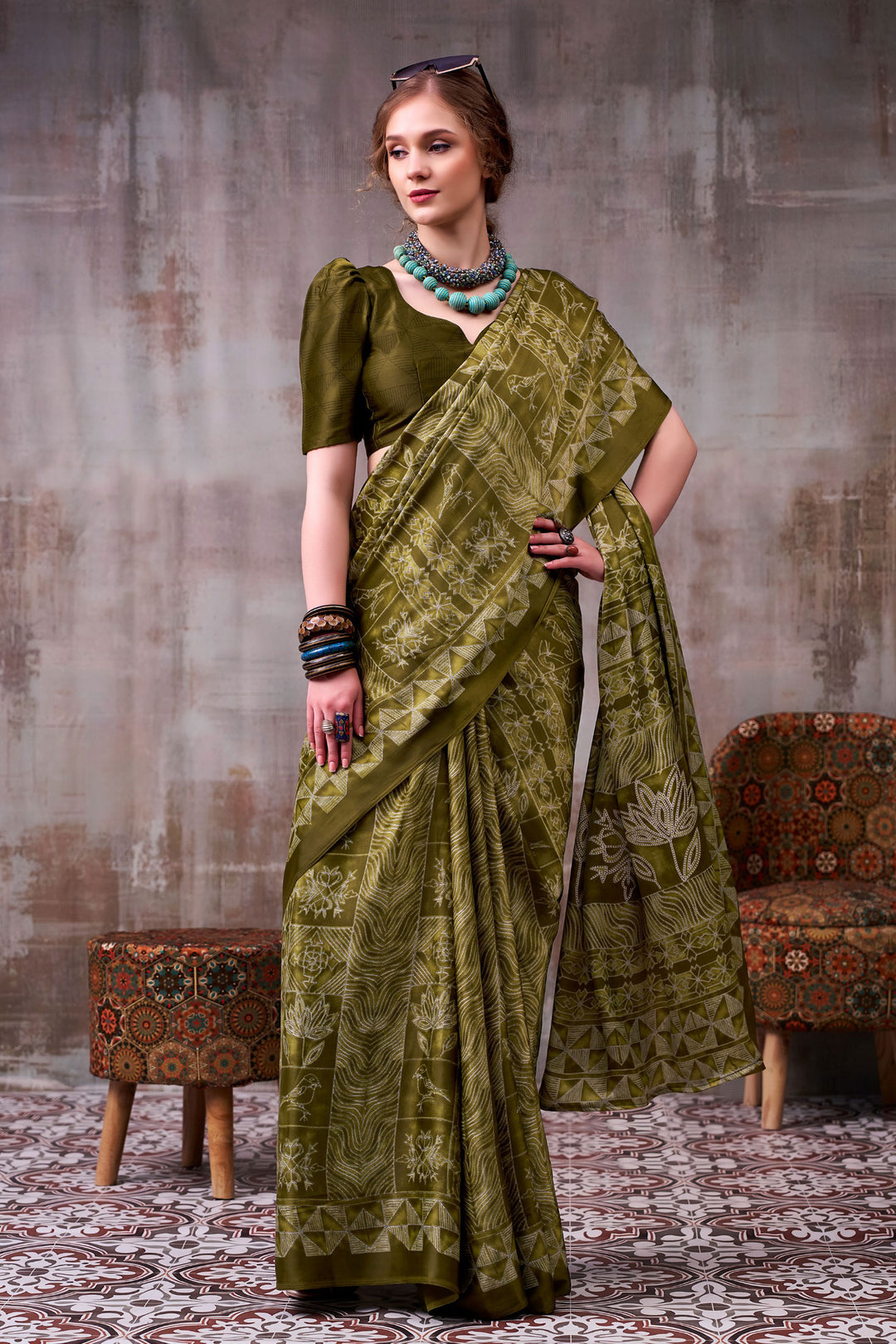 Trendy Printed Work On Mehendi Green Color Satin Silk Fabric Saree | Buy Online India