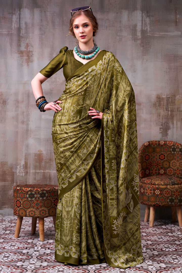 Trendy Printed Work On Mehendi Green Color Satin Silk Fabric Saree | Buy Online India