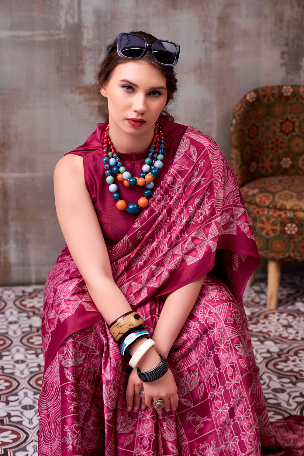 Awesome Printed Work On Satin Silk Fabric Burgundy Color Saree | Buy Online India