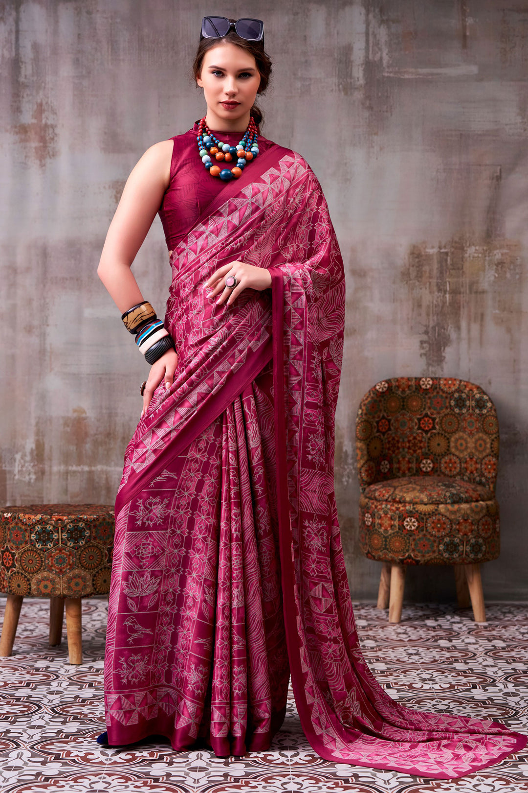 Awesome Printed Work On Satin Silk Fabric Burgundy Color Saree | Buy Online India