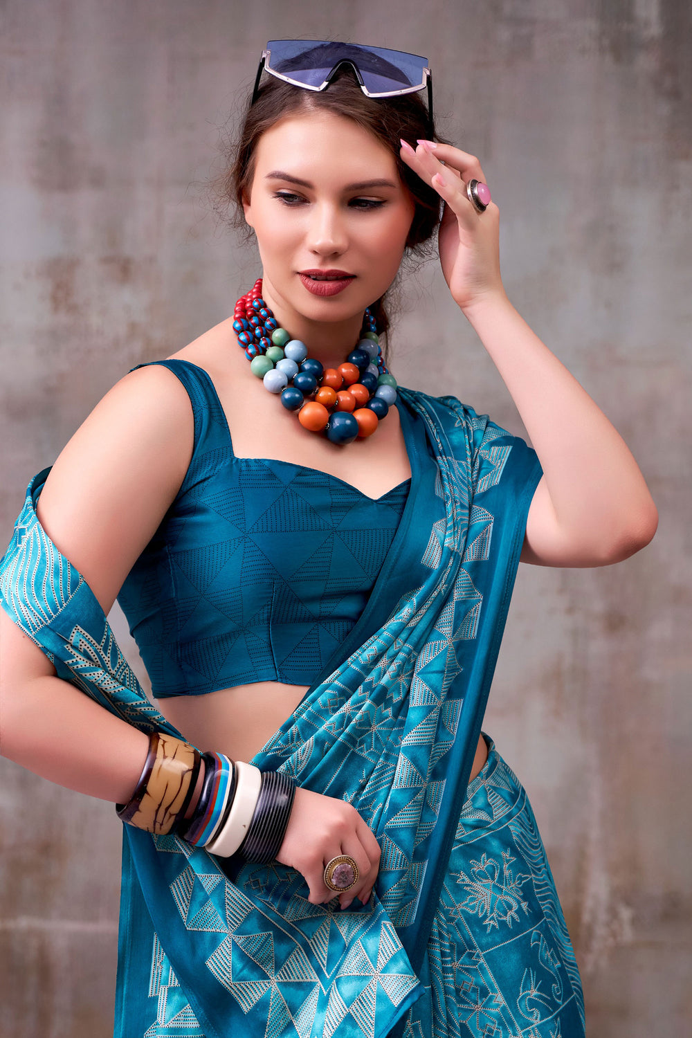 Tempting Satin Silk Fabric Cyan Color Saree With Printed Work | Buy Online India