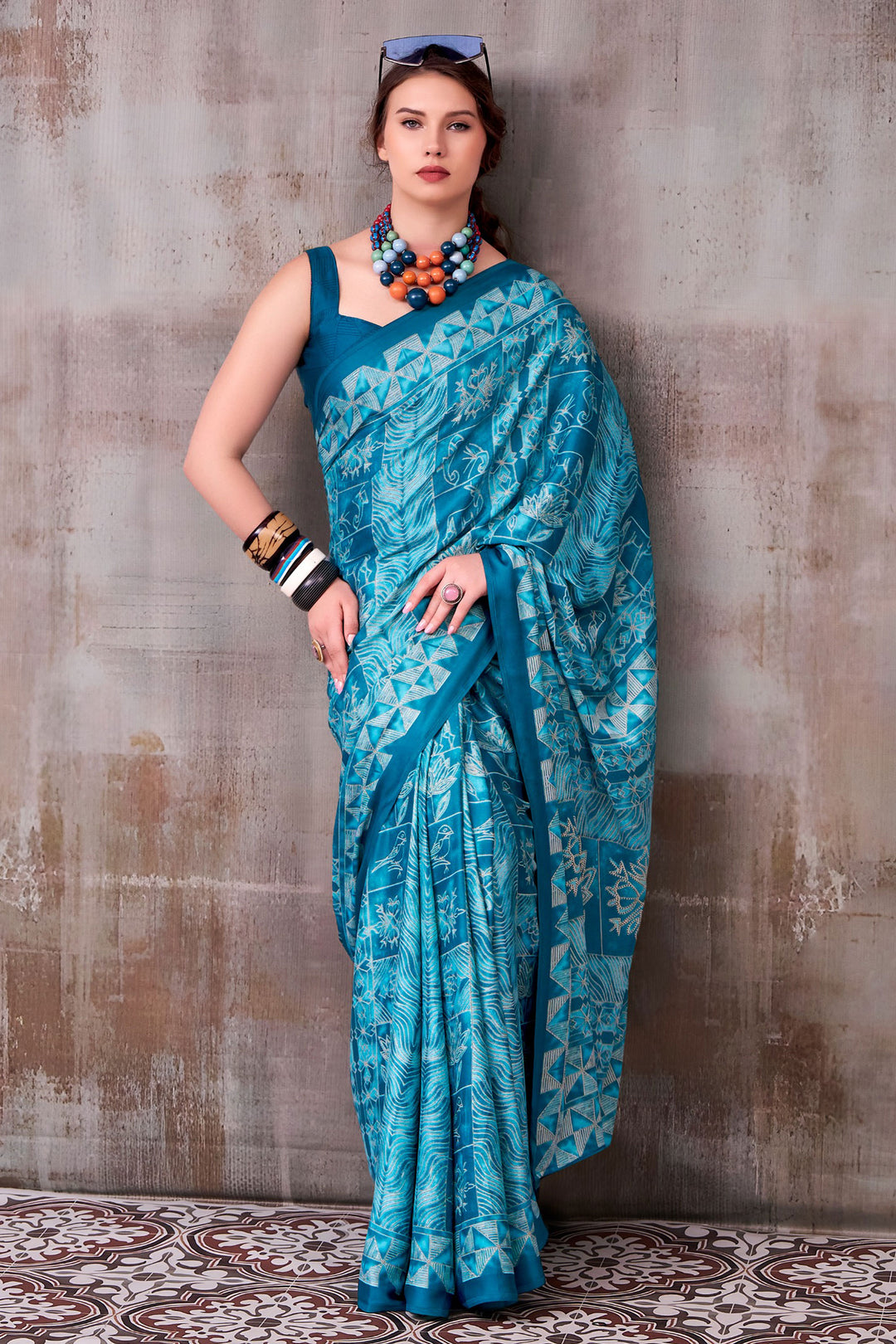 Tempting Satin Silk Fabric Cyan Color Saree With Printed Work | Buy Online India