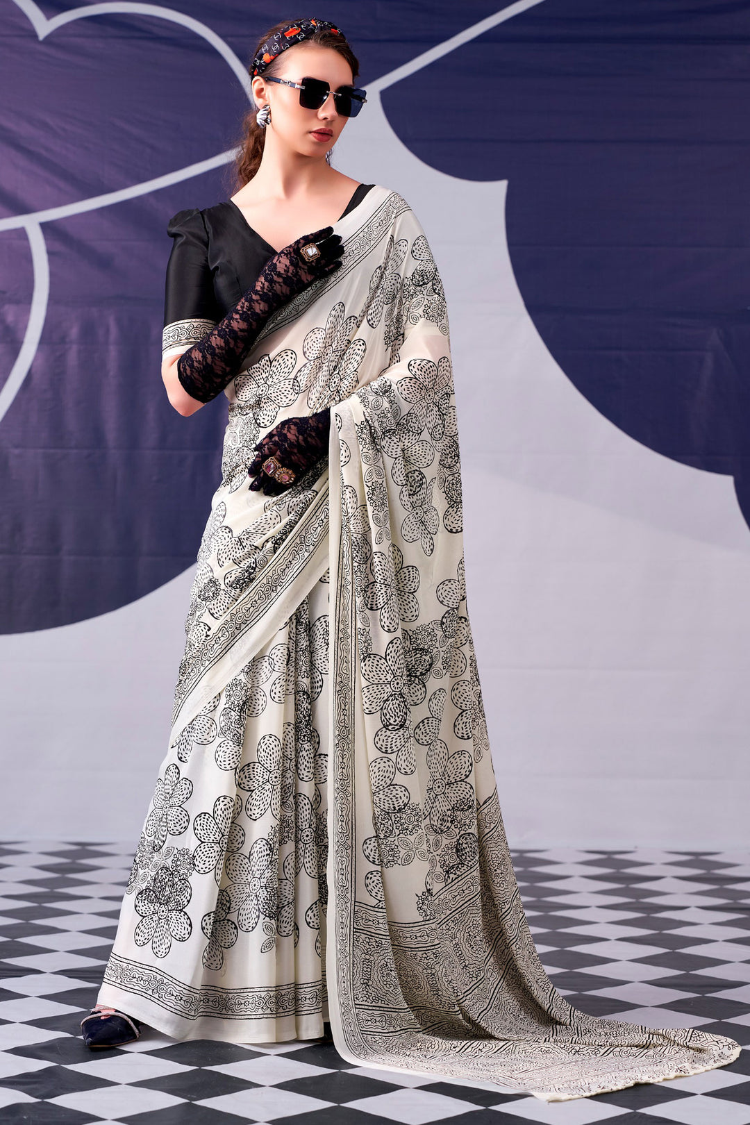 Engaging Black Color Satin Silk Fabric Saree With Printed Work | Buy Online India