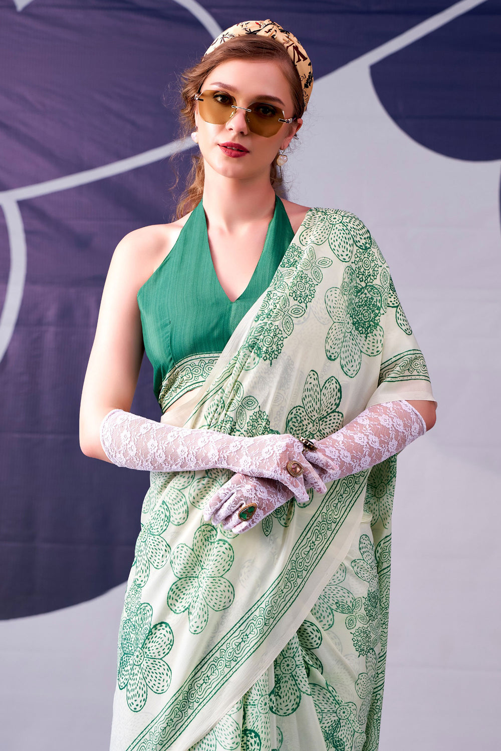 Printed Work On Glamorous Saree In Green Color Satin Silk Fabric | Buy Online India