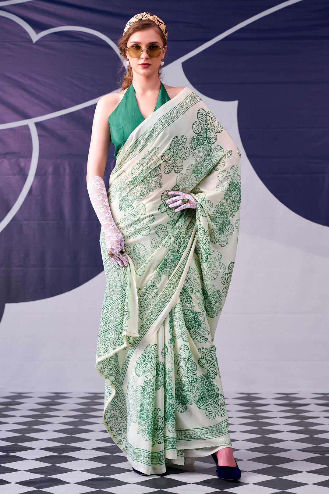 Printed Work On Glamorous Saree In Green Color Satin Silk Fabric | Buy Online India