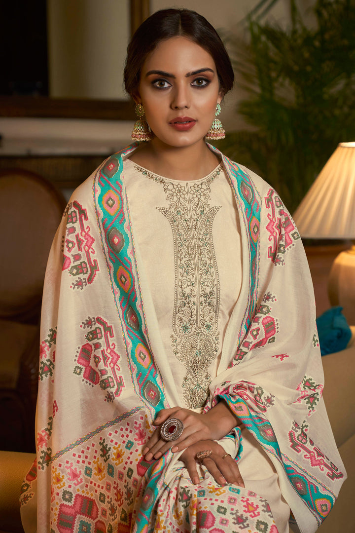 Beguiling Embroidered Work On Cream Color Cotton Fabric Salwar Suit | Buy Online India