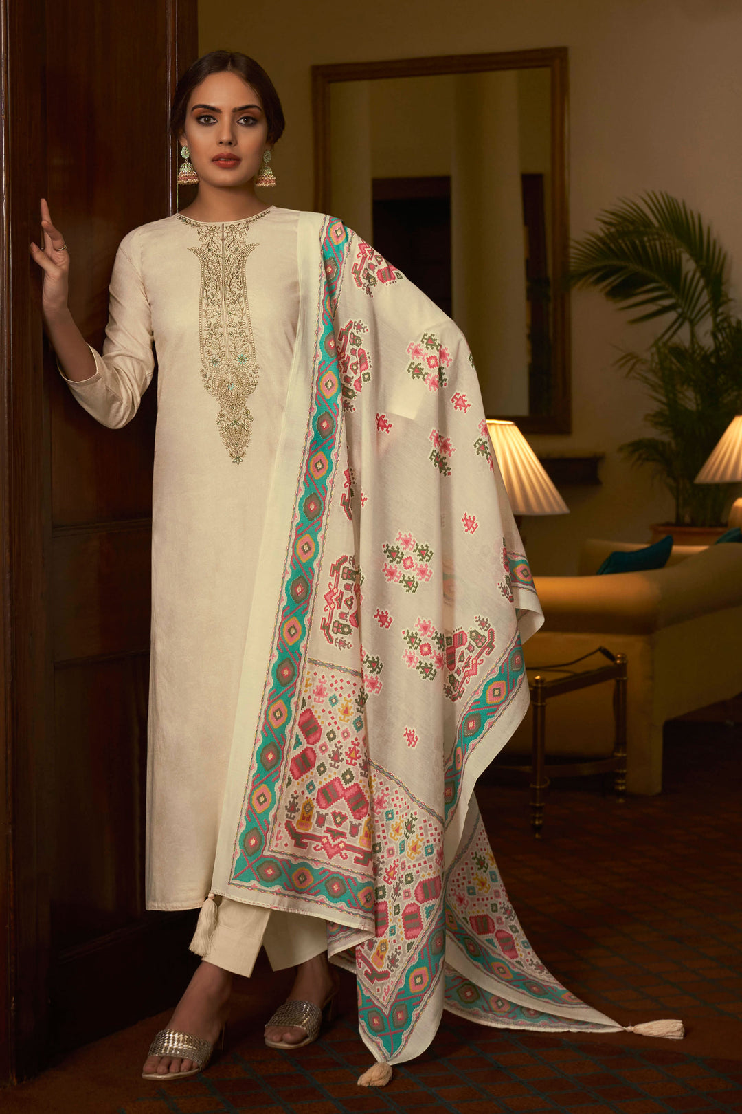 Beguiling Embroidered Work On Cream Color Cotton Fabric Salwar Suit | Buy Online India