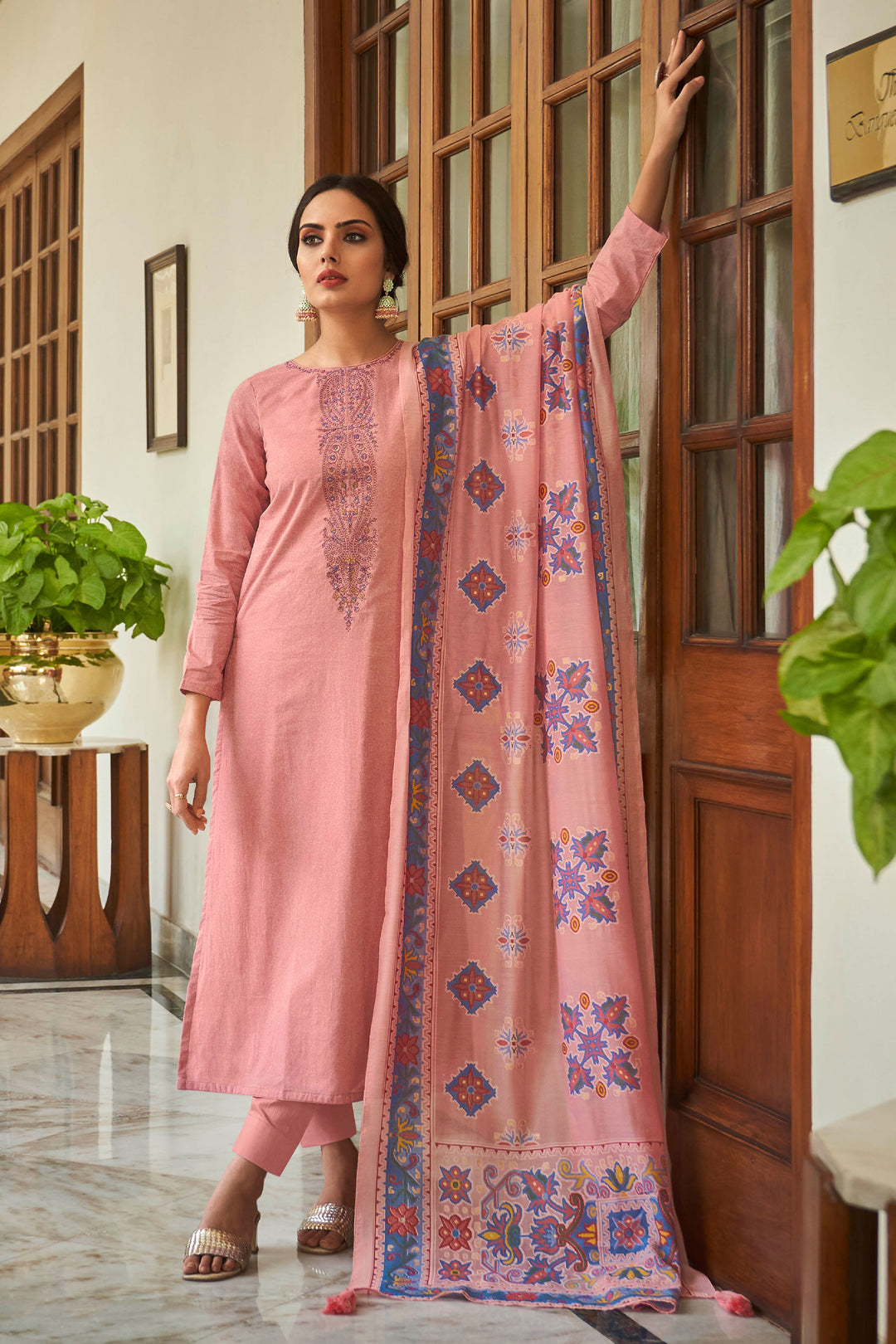 Trendy Embroidered Work On Cotton Fabric Pink Color Salwar Suit | Buy Online India