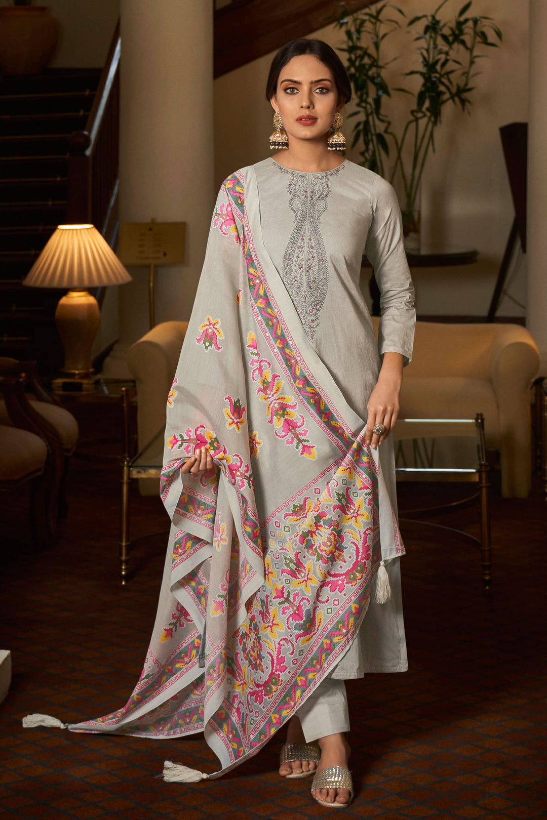 Tempting Cotton Fabric Grey Color Salwar Suit With Embroidered Work | Buy Online India