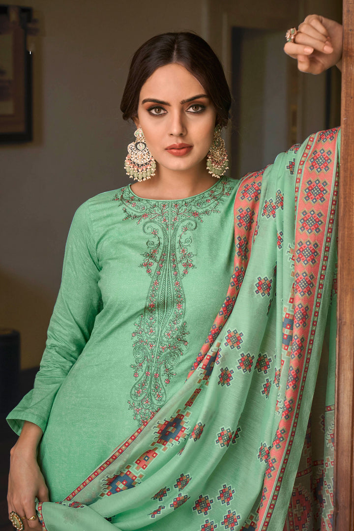 Engaging Sea Green Color Cotton Fabric Salwar Suit With Embroidered Work | Buy Online India