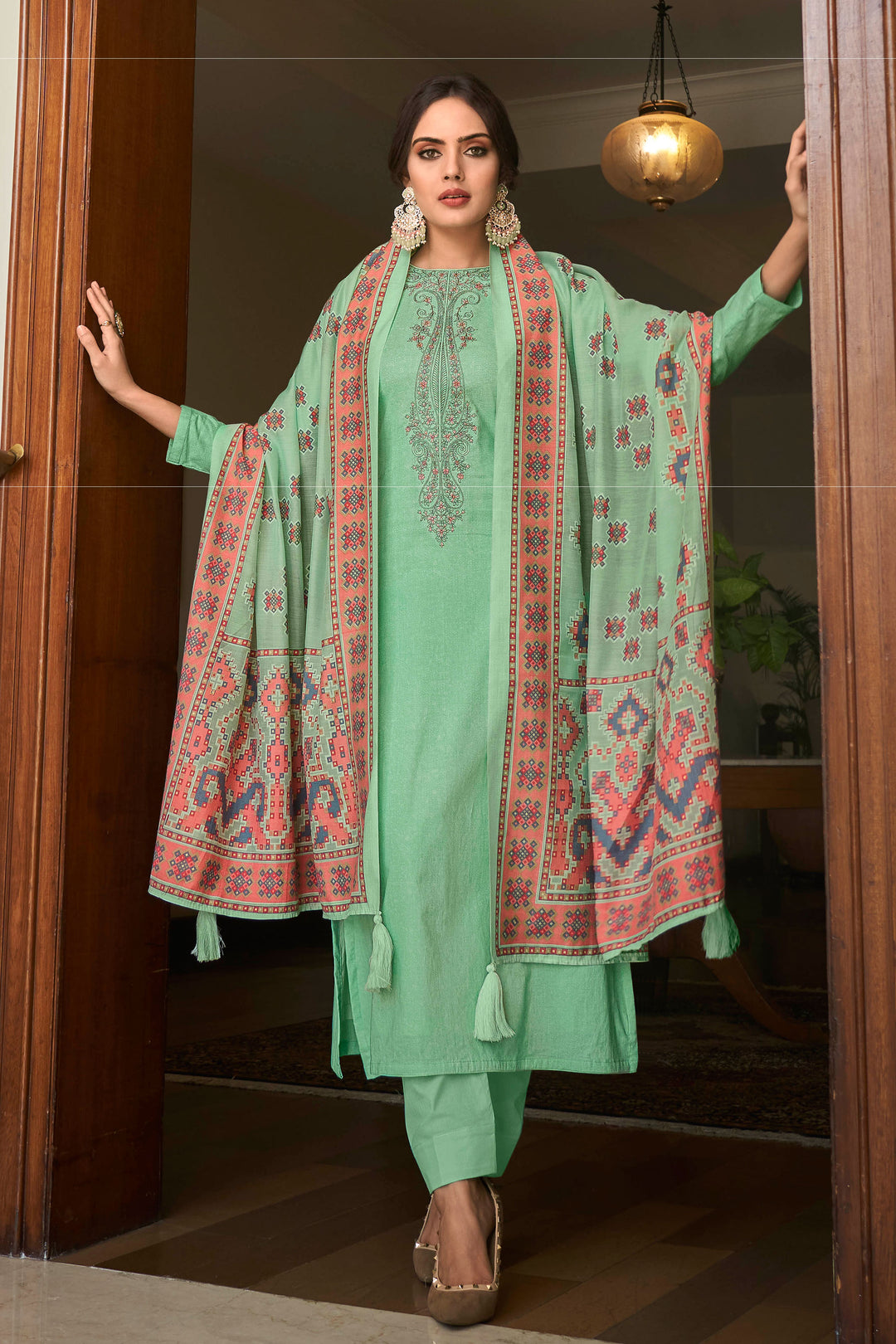 Engaging Sea Green Color Cotton Fabric Salwar Suit With Embroidered Work | Buy Online India