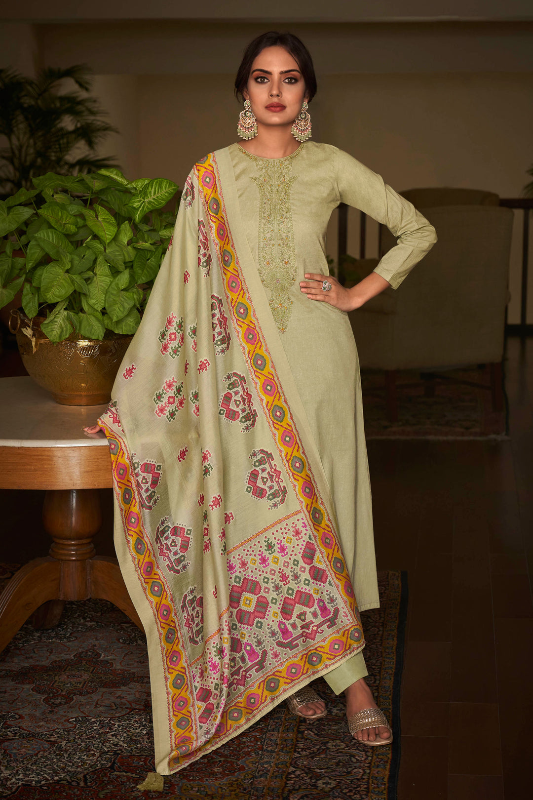 Classic Embroidered Work On Beige Color Salwar Suit In Cotton Fabric | Buy Online India