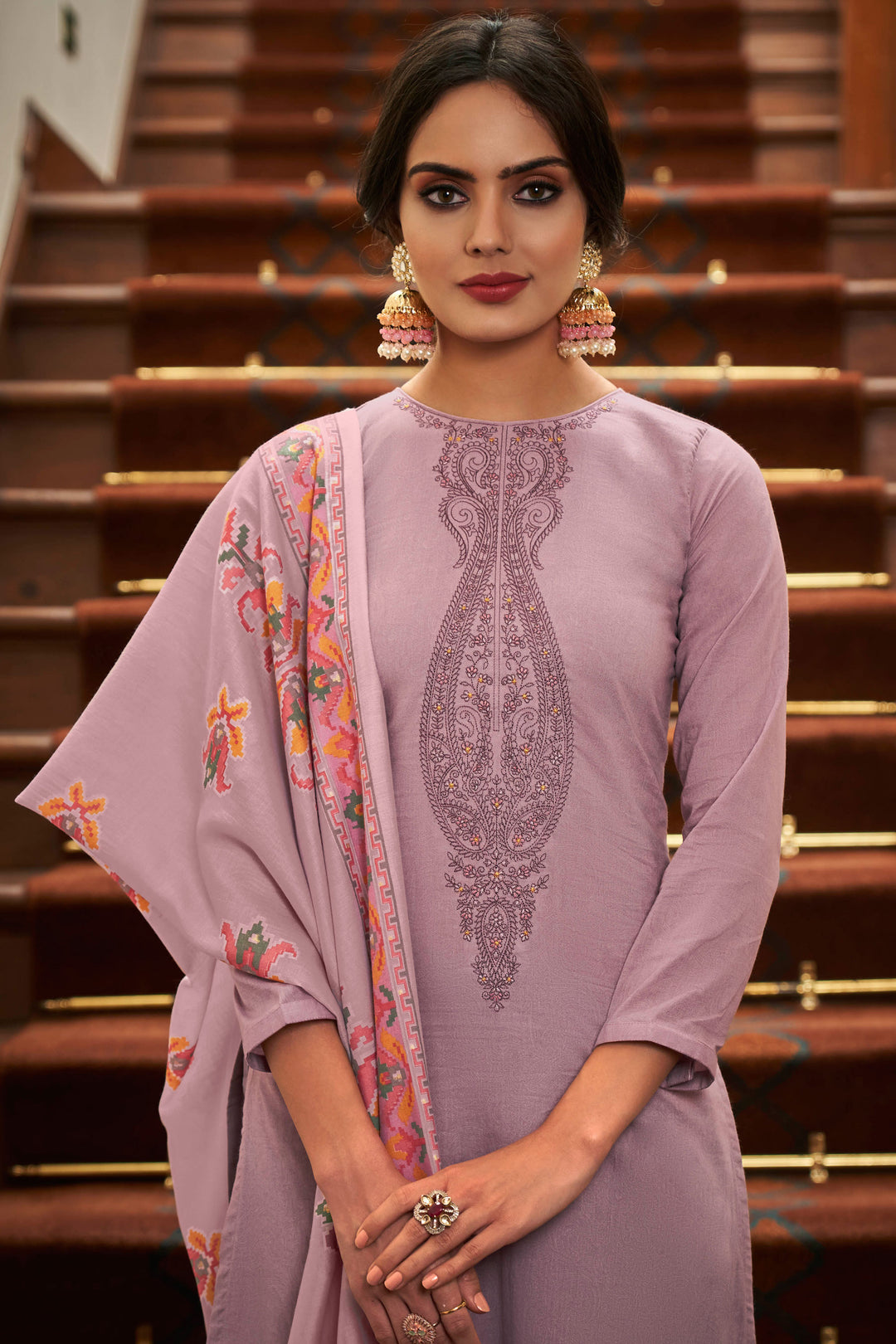 Cotton Fabric Lavender Color Salwar Suit With Sober Embroidered Work | Buy Online India
