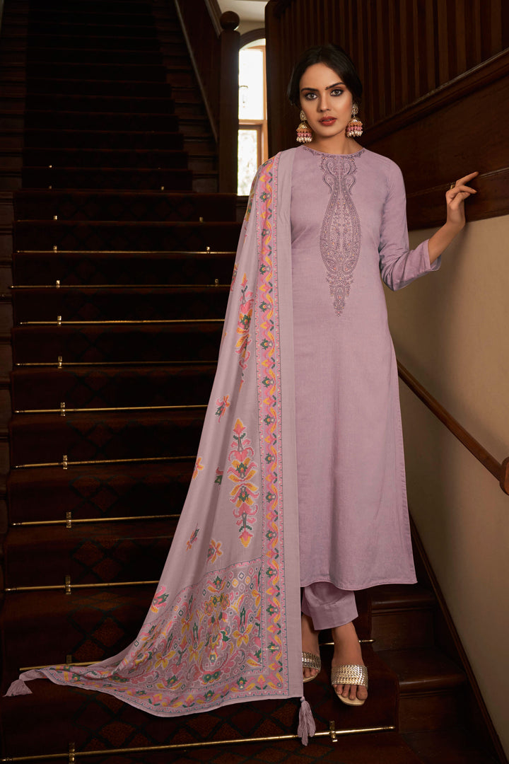 Cotton Fabric Lavender Color Salwar Suit With Sober Embroidered Work | Buy Online India