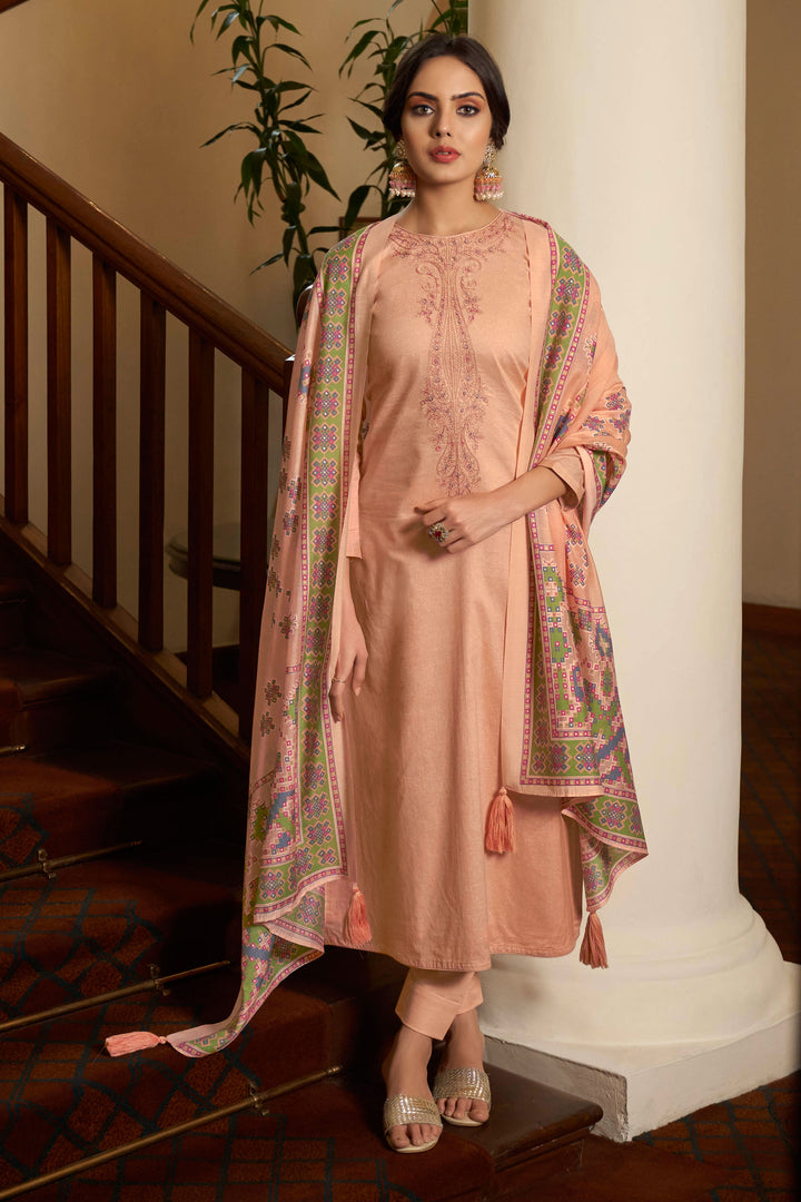 Creative Embroidered Work On Cotton Fabric Salwar Suit In Peach Color | Buy Online India