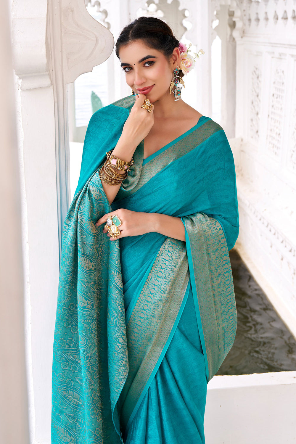 Cyan Color Weaving Work Glamorous Chinon Fabric Saree | Buy Online India